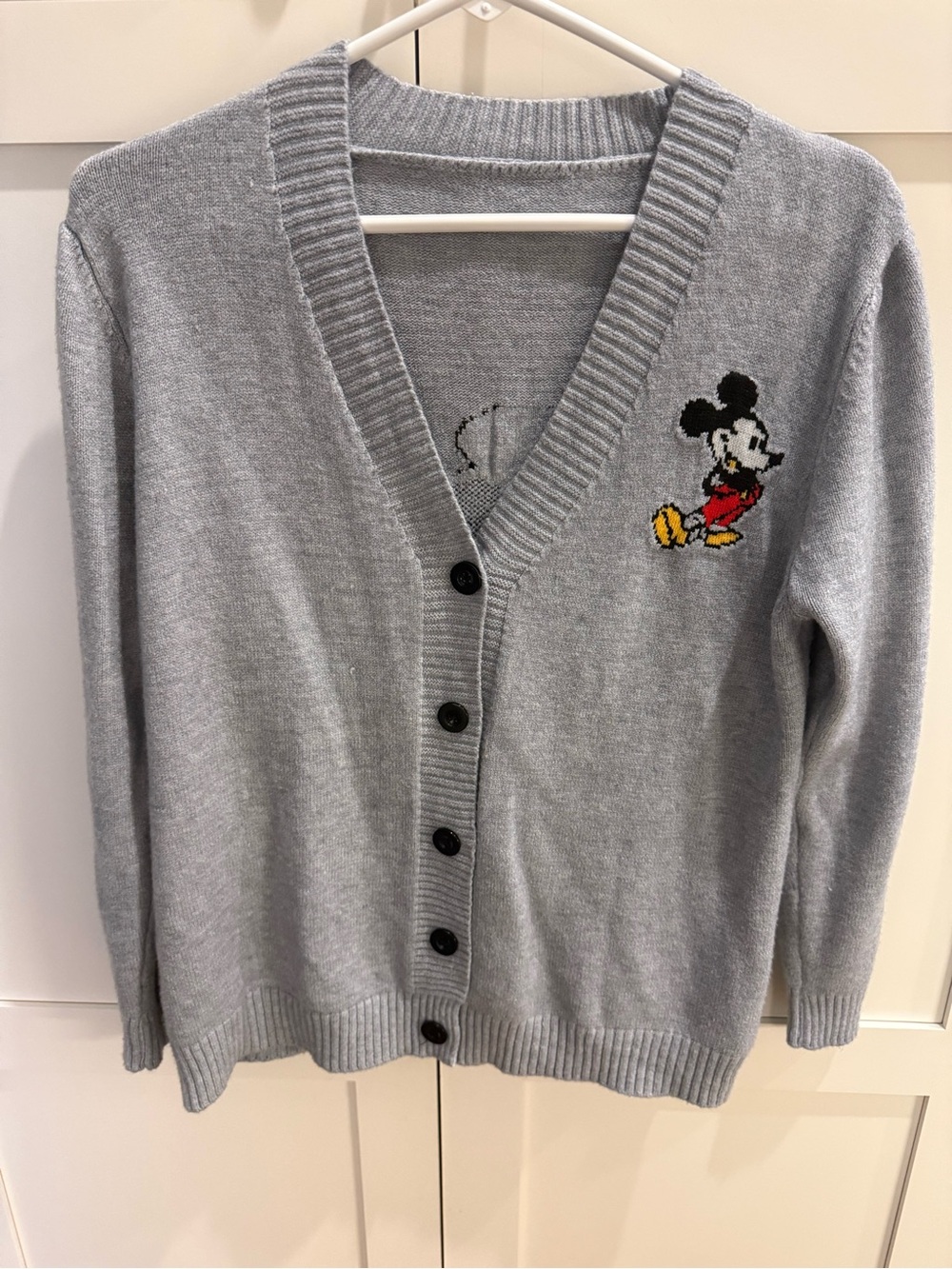Gray V-Neck Cardigan Sweater with Mickey Mouse Embroidery